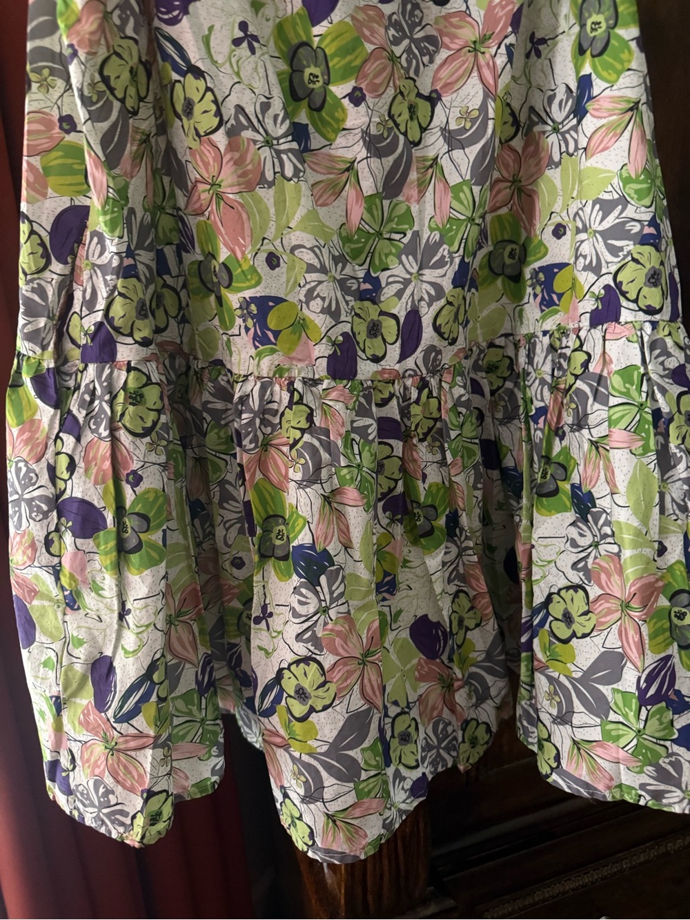 Entro ~ Women’s Floral Ruffle Mini Dress in Green, Pink & Purple - Picture 5 of 6